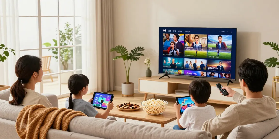 Abonnement IPTV avec une famille profitant de ses chaînes préférées dans un salon chaleureux.
