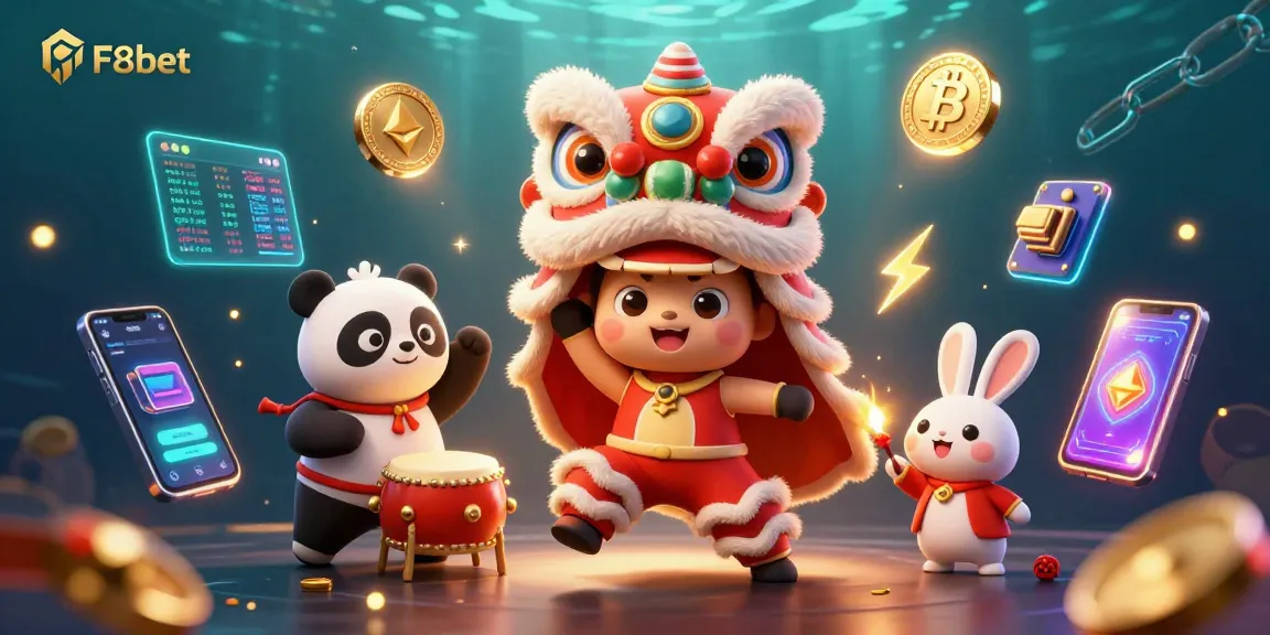 Experience the thrill of F8bet with a vibrant 3D celebration of online gambling, featuring lively characters and crypto elements.
