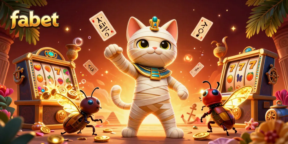 Experience gaming excitement with fabet's 3D Egyptian mummy cat and slot games in a vibrant casino.