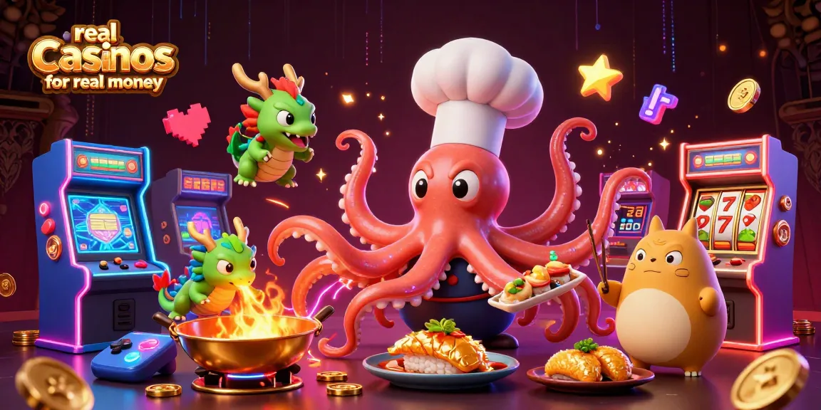 Experience real casinos for real money in this vibrant 3D scene with casino characters and gaming elements.