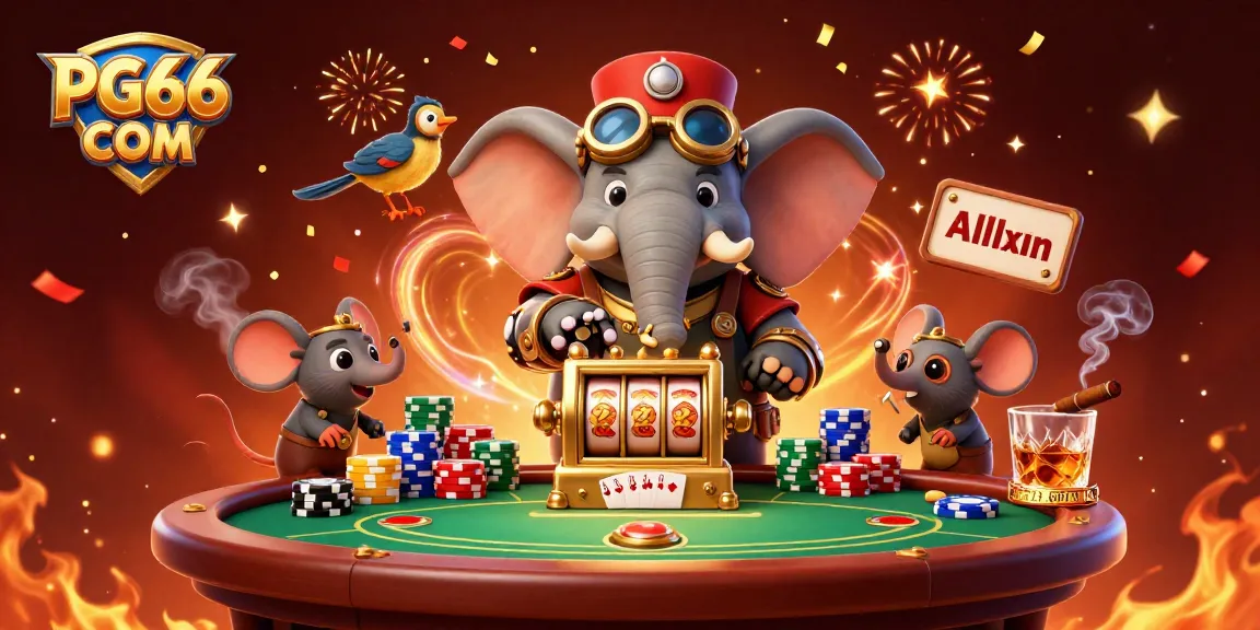 Engage with the vibrant atmosphere of PG66 COM as the steampunk elephant spins a golden slot machine amid poker chips and exciting game elements.