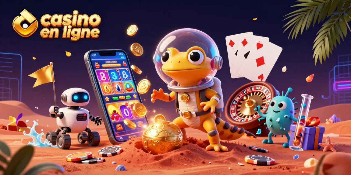 Jouez au casino en ligne avec cette illustration vivante d'un gecko martien découvrant un casino doré.