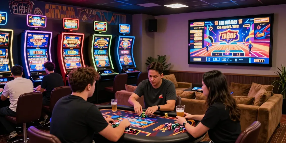 Expérience immersive de casino en ligne avec des joueurs engagés et des machines à sous brillantes.