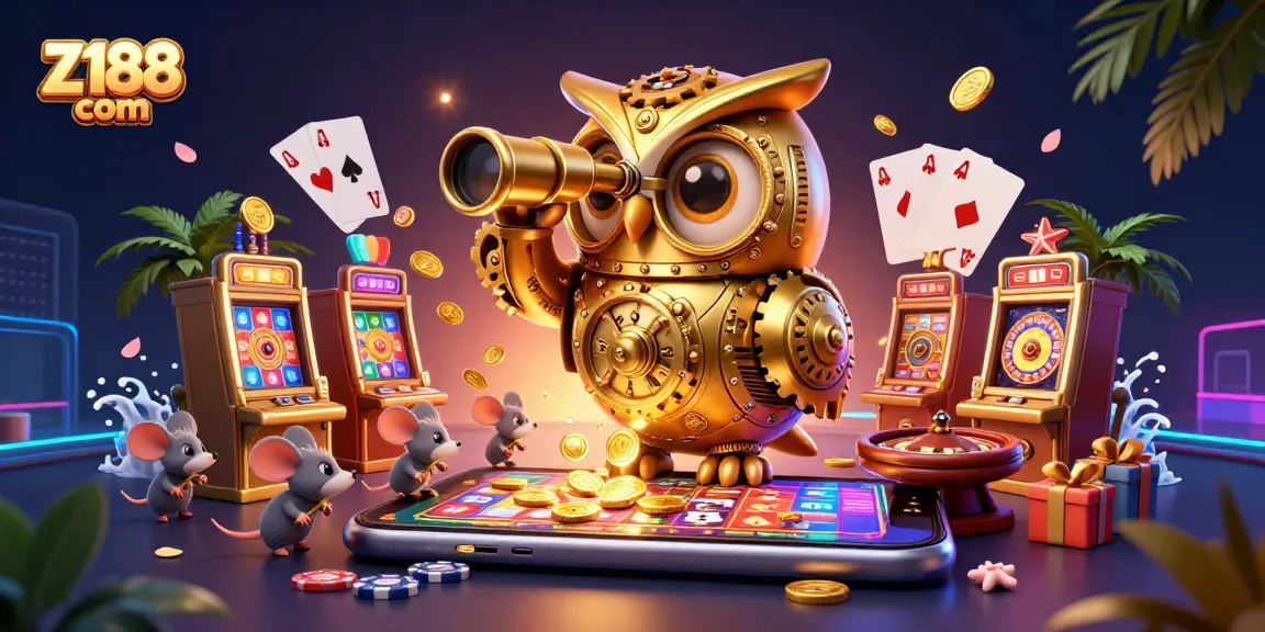 Z188 com showcases an engaging casino environment with a golden owl and playful mice patrons amidst exciting gaming elements.