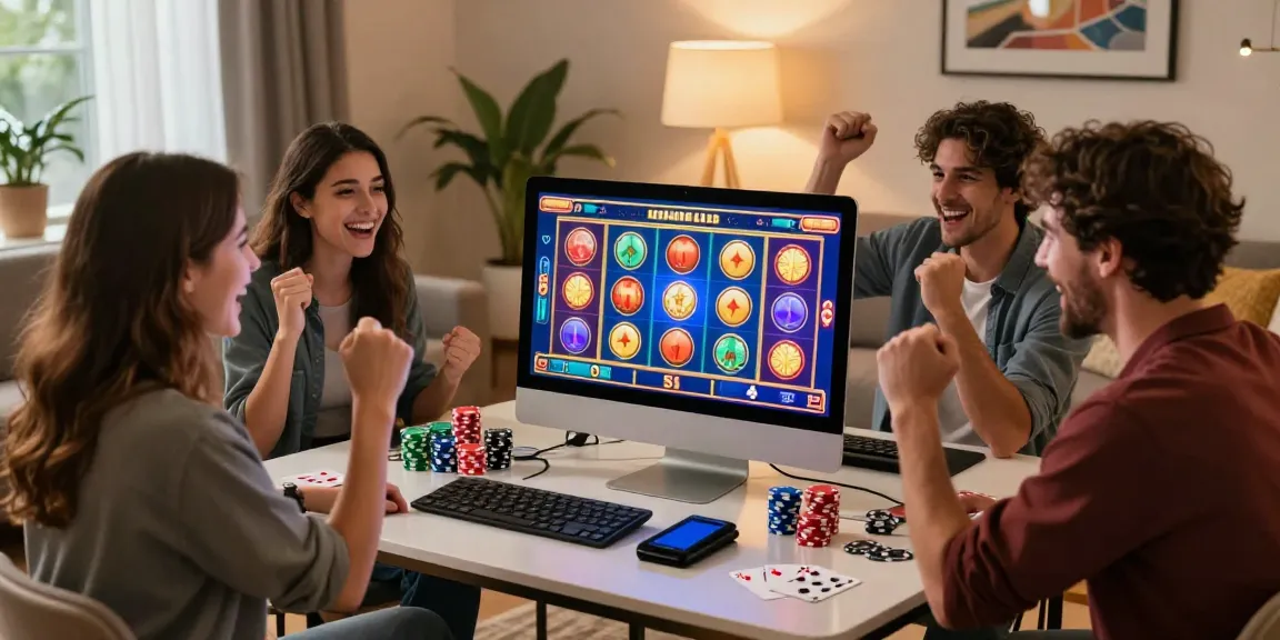 Groupe d'amis célébrant pendant qu'ils jouent au casino en ligne avec des graphismes colorés.