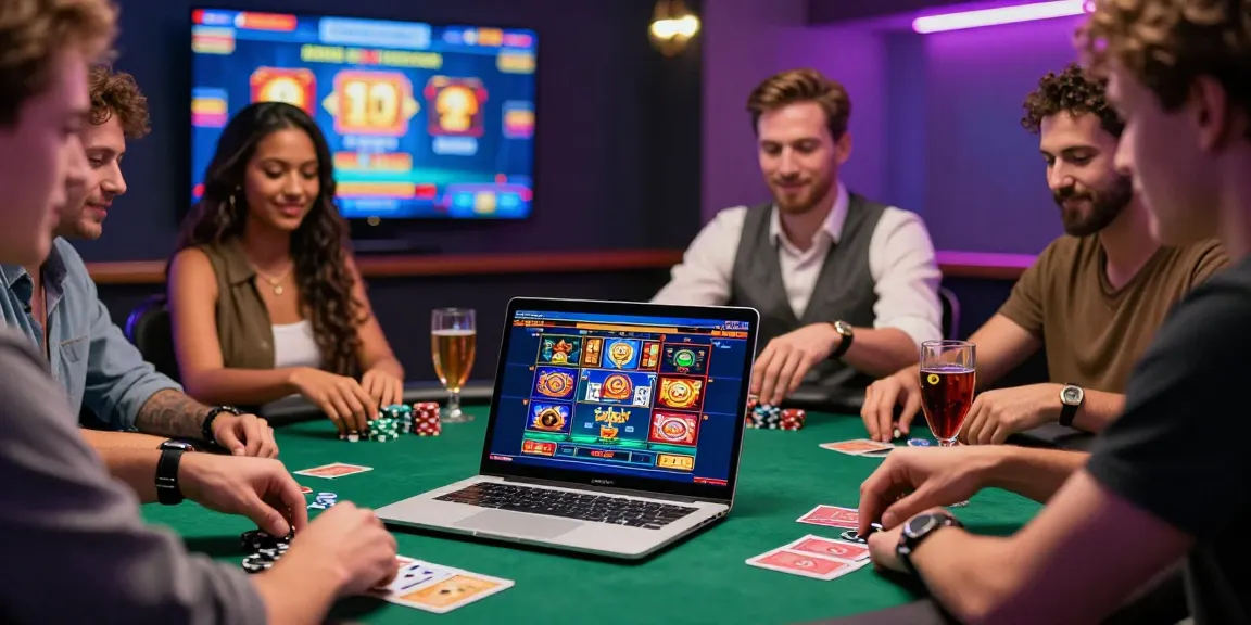 Des amis jouant au casino en ligne autour d'une table de poker, ambiance dynamique et excitante, écran affichant des jeux colorés et des animations.