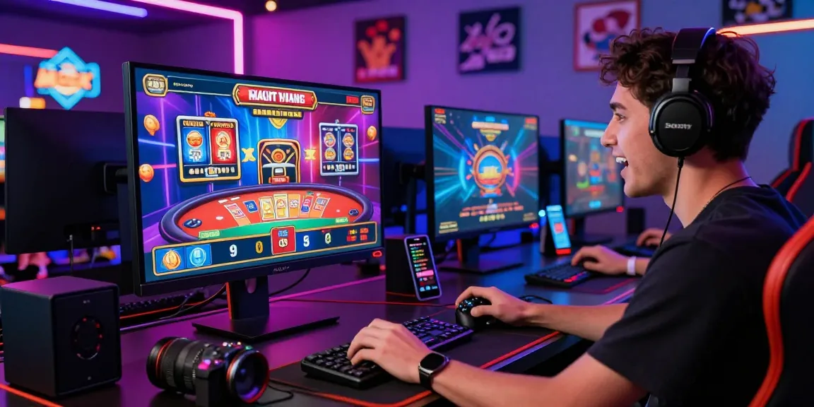 Joueur au meilleur casino en ligne, captivé par une expérience riche avec jeux et ambiance lumineuse.