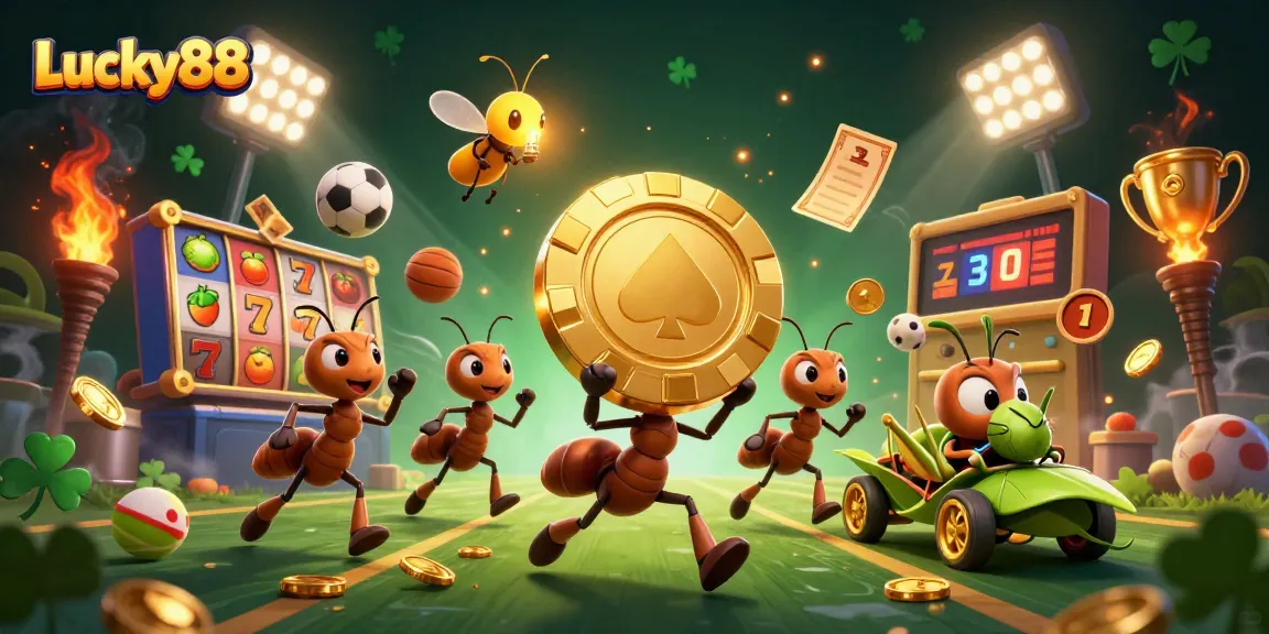 Experience the thrilling heist of Lucky88 with ants carrying a giant poker chip, amidst dynamic slot elements.