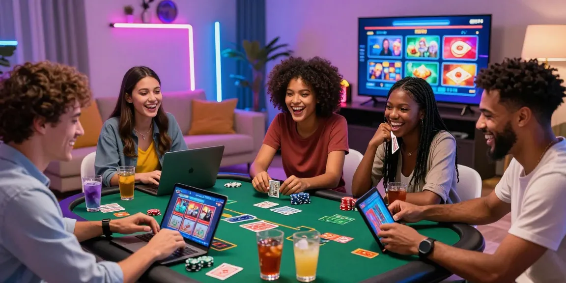 Un groupe d'amis joue ensemble sur un casino en ligne, entouré de jetons et de cartes, dans un cadre animé et lumineux.
