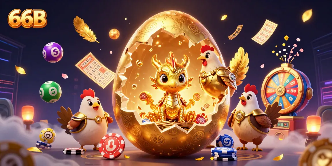Experience thrilling gaming action at 66B with a vibrant 3D scene of a golden dragon and poker chips.