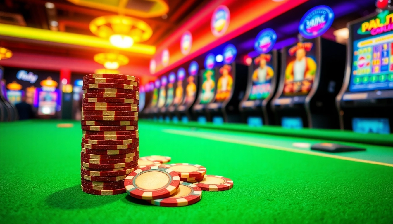 Jouer à des jeux casino en ligne avec des jetons empilés sur une table de casino animée.