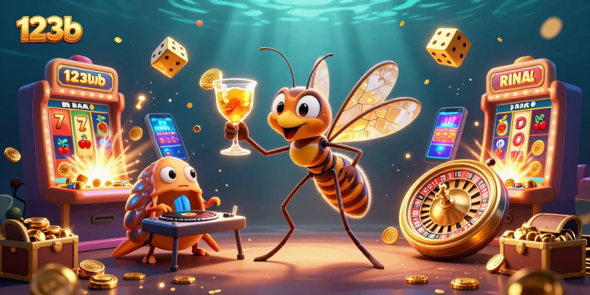 Engage in thrilling casino action with 123b's vibrant 3D illustration of a frozen mosquito mascot and dynamic game elements.