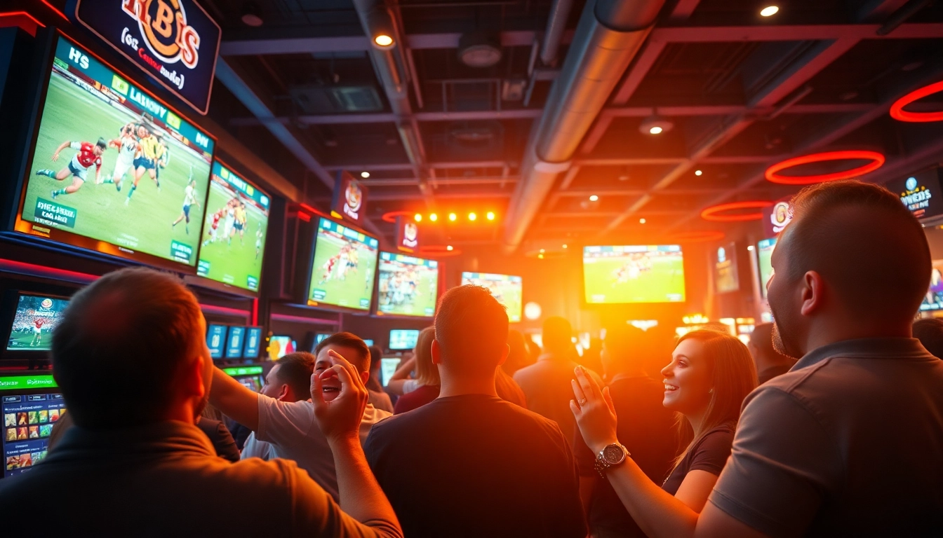 Pari sportif rugby dans un casino vibrant avec des fans enthousiastes et des écrans de jeux.