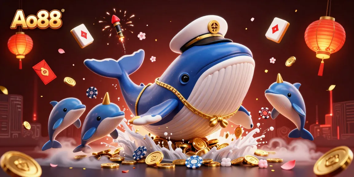 Engage with Ao88's vibrant casino world featuring a whale and playful dolphins amidst rich game symbols.