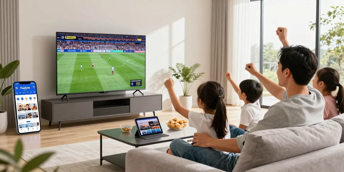 Famille profitant de leur abonnement IPTV dans un salon moderne avec télévision 4K.