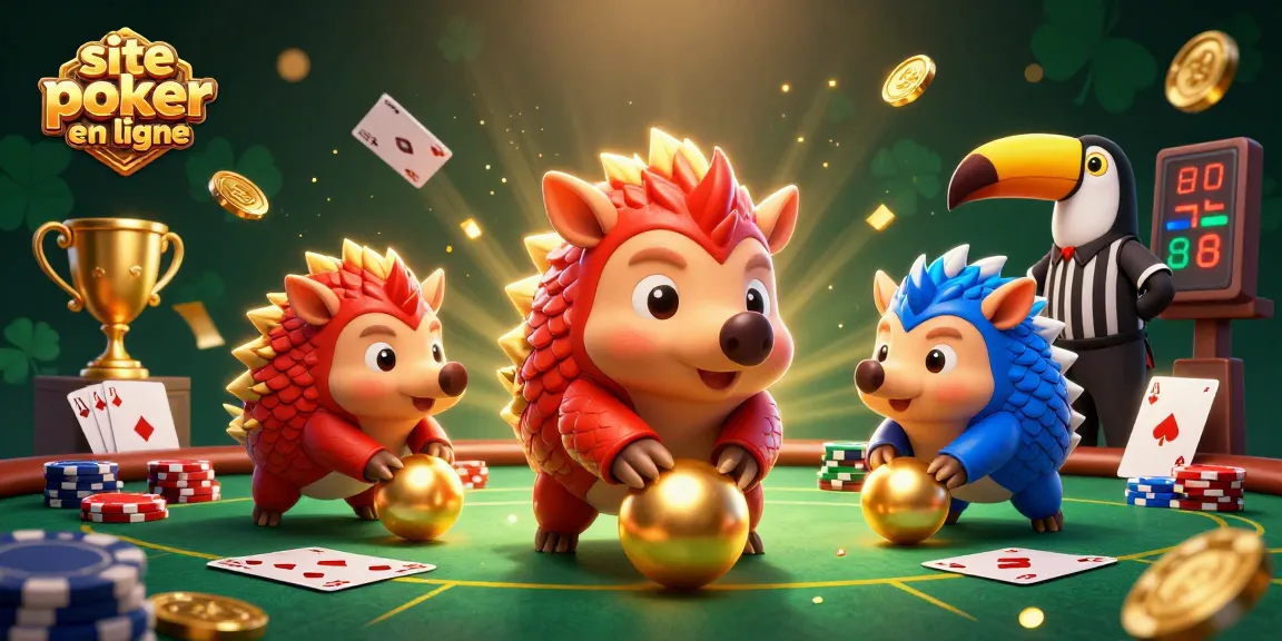 Jouez au site poker en ligne avec des pangolins animés et des jetons de poker en arrière-plan.