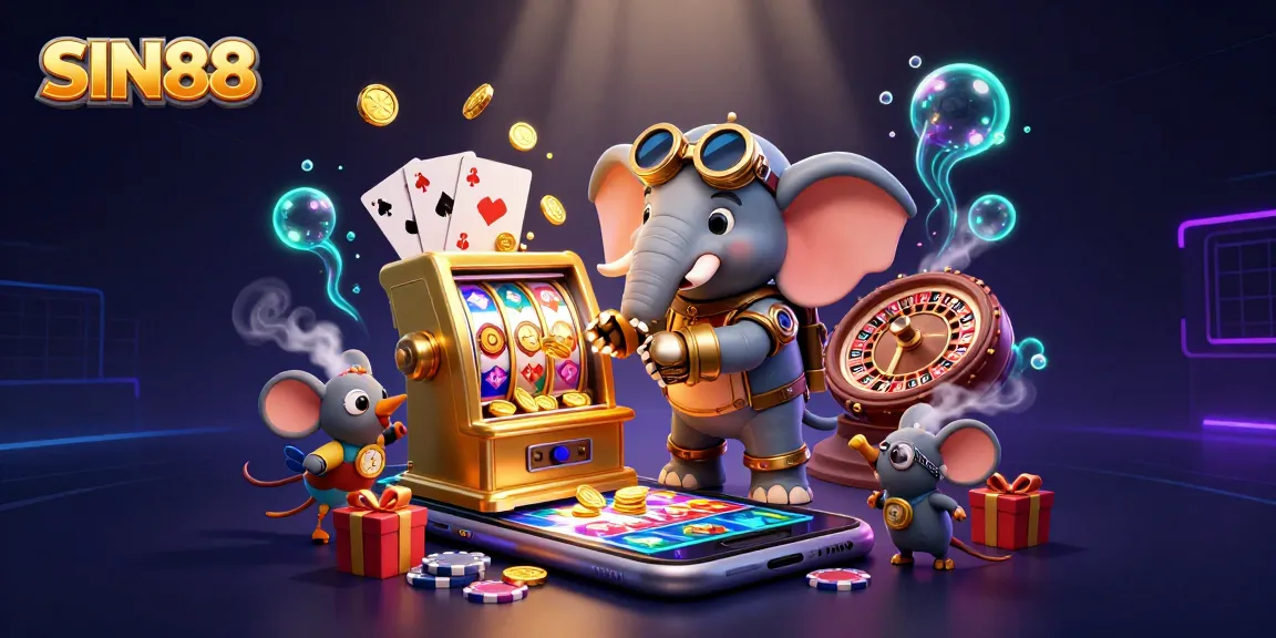 SIN88 showcases a vibrant steampunk scene with a golden slot machine and cartoon characters engaging in thrilling gameplay.