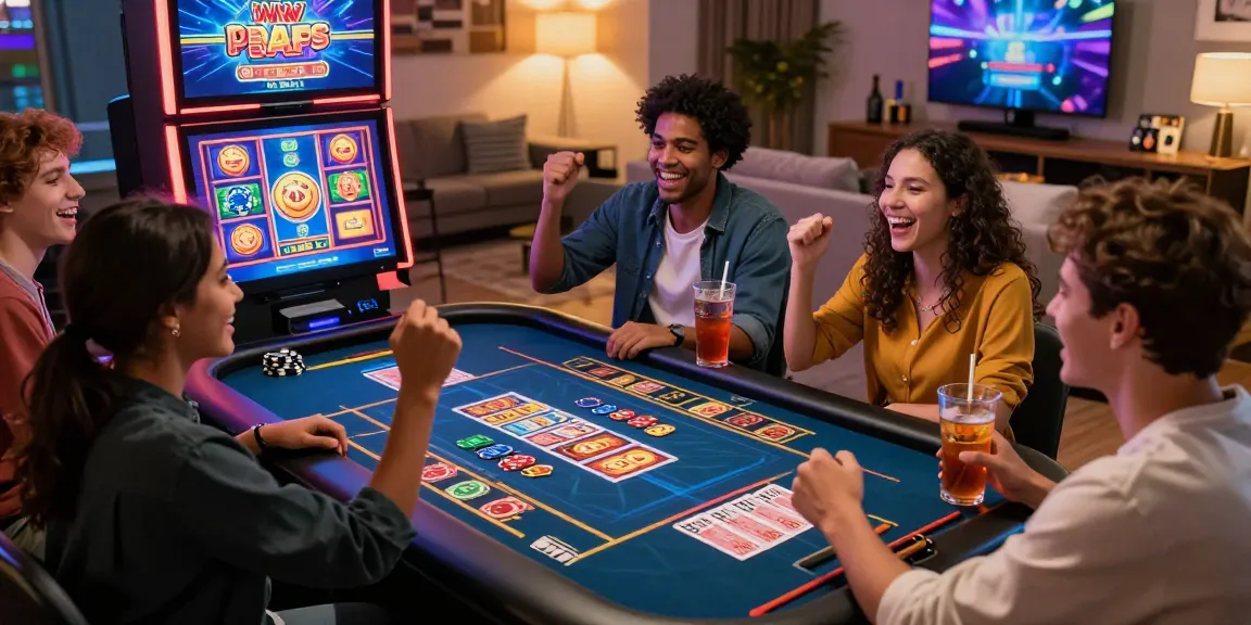 Groupe d'amis célébrant un jeu de casino en ligne, ambiance festive avec machines à sous colorées.