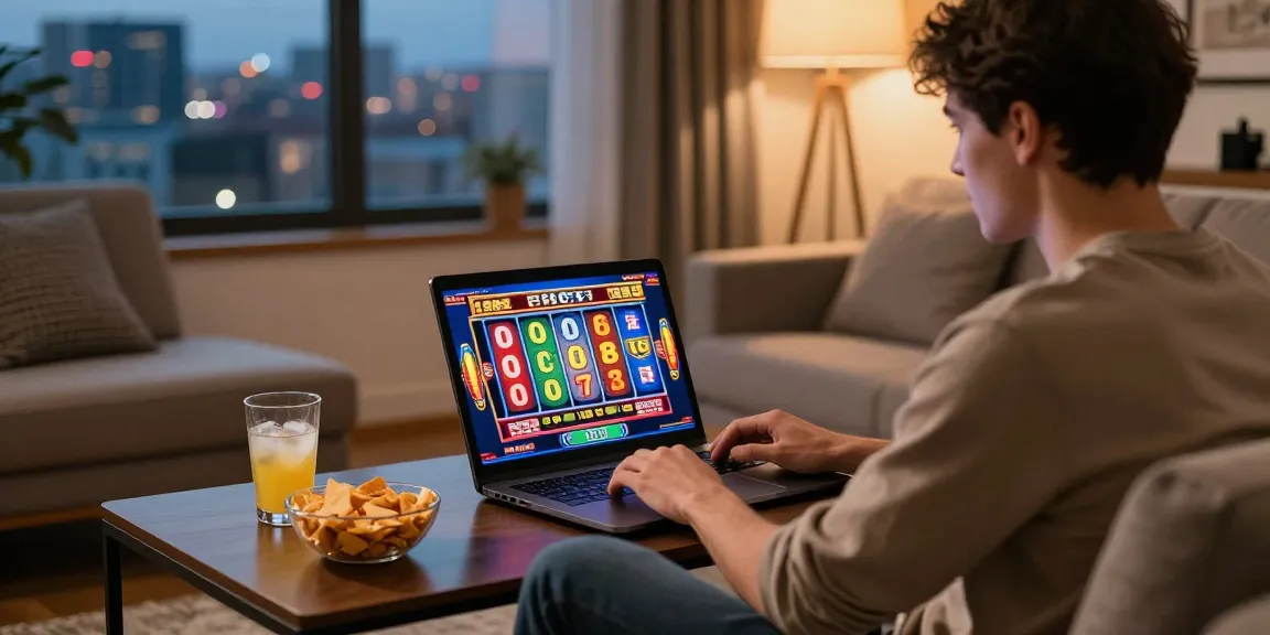 Joueur enthousiaste sur un casino en ligne, profitant d'un jeu de machine à sous coloré dans un environnement confortable.