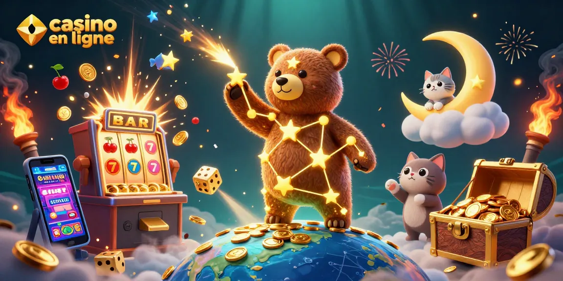 Découvrez les jeux de casino en ligne avec une illustration captivante d'un ours constellation et des machines à sous.