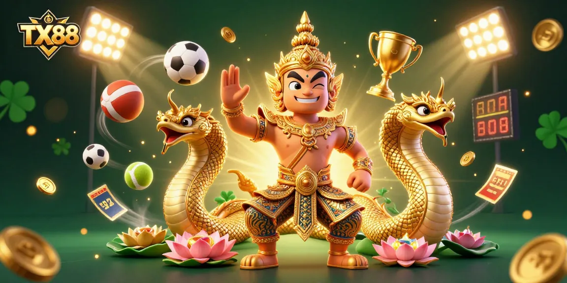 Bet on TX88 with a dynamic scene featuring a Thai temple guardian, sports elements, and rich visuals.