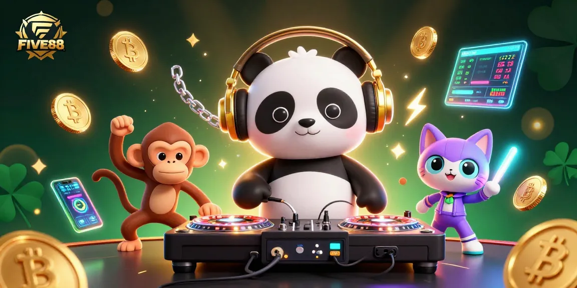 Spin and win with FIVE88 in a vibrant 3D gaming scene featuring lively characters and crypto elements.