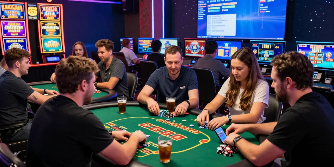 Scène dynamique de joueurs engageant dans des jeux de casino en ligne avec un éclairage néon, représentant l'excitation du casino en ligne.