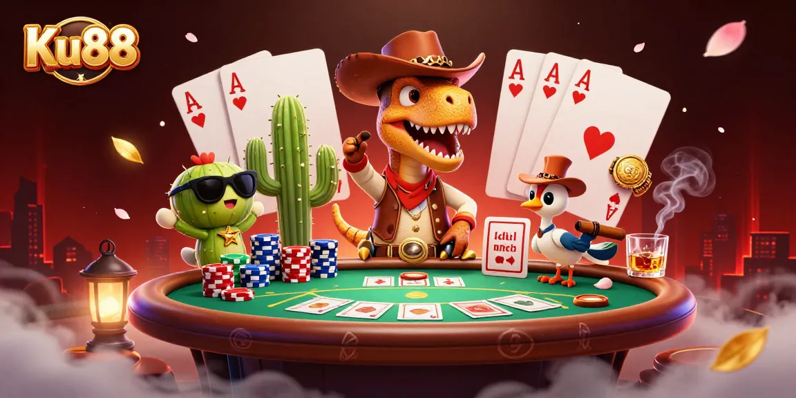 Experience high-stakes poker with Ku88 in this vibrant 3D illustration featuring dynamic gaming characters.