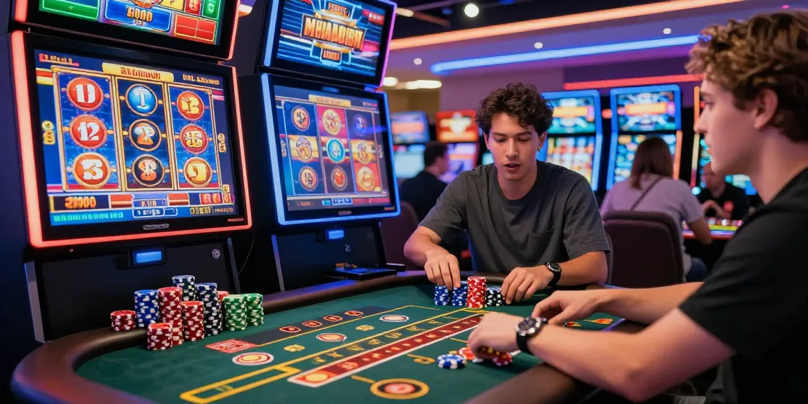 Expérience immersive dans un casino en ligne captivant avec des jeux colorés et des joueurs enthousiastes.