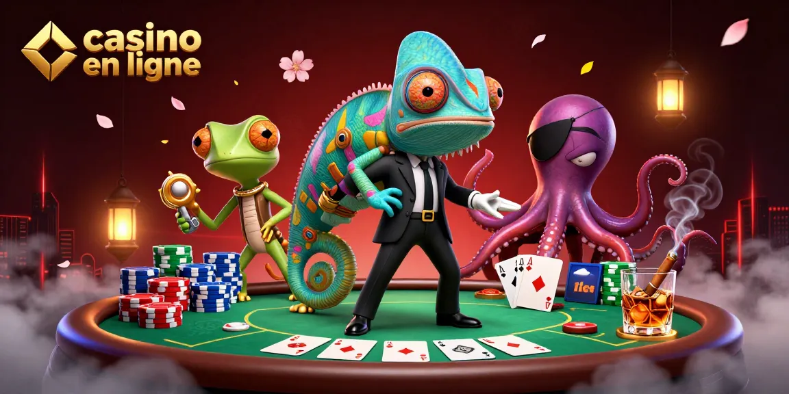 Illustration d'un casino en ligne avec un caméléon agent secret, un lézard technologique et une pieuvre, entourés d'une table de poker.