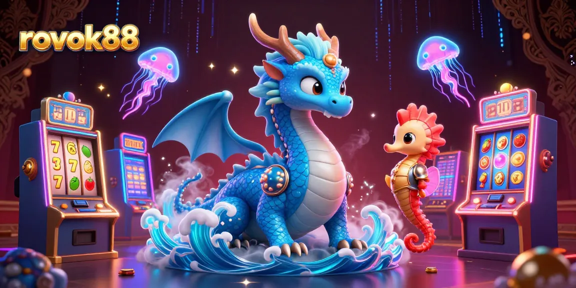 Experience the excitement of rokok88 with spinning slot reels, vibrant dragon, and neon elements in a casino-themed illustration.