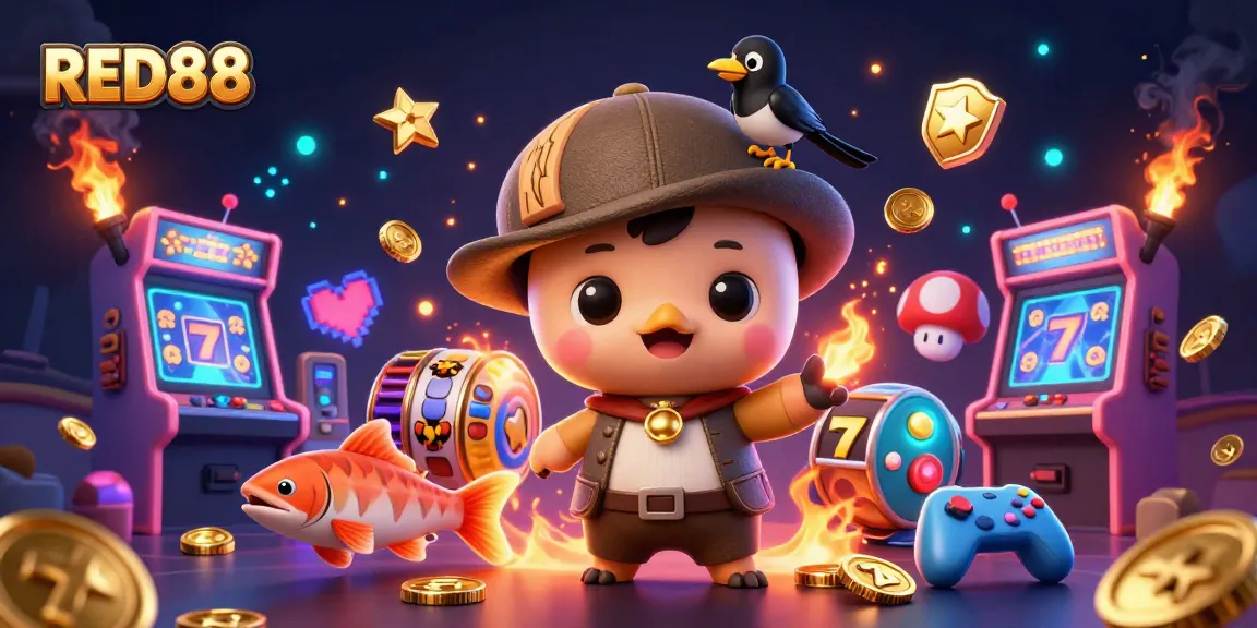 Engage with RED88 in a vibrant 3D casino scene featuring playful characters and lively slot machines.