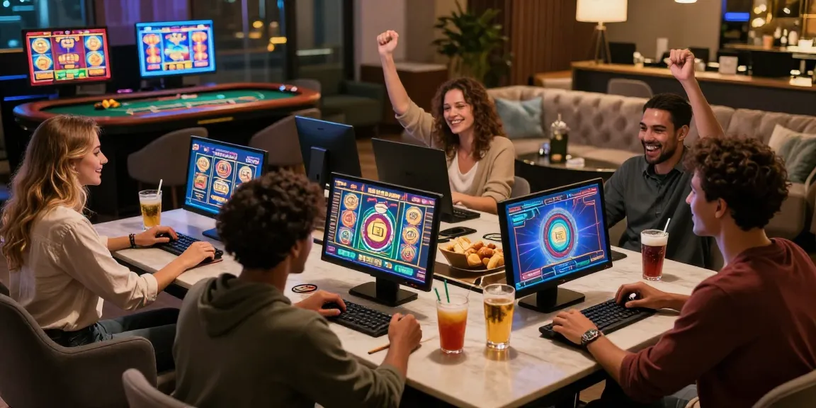 Scène de casino en ligne avec des amis jouant ensemble dans une ambiance vivante, mettant en avant le divertissement.