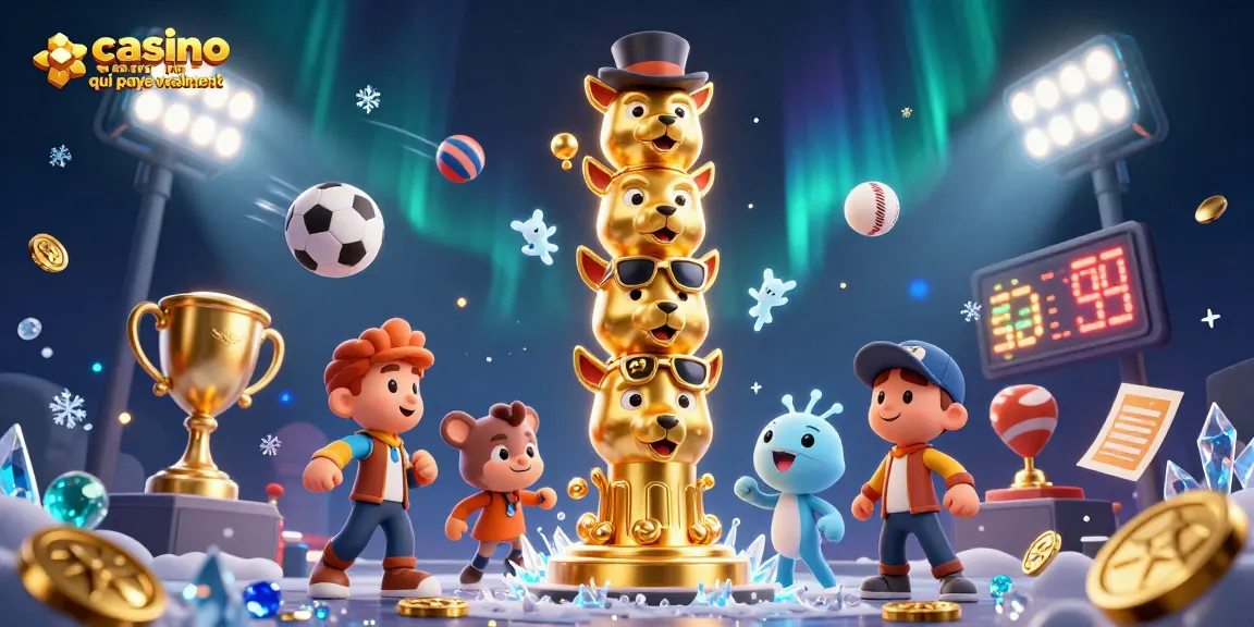 Illustration du totem en or et des éléments de paris sportifs, représentant un casino en ligne qui paye vraiment.