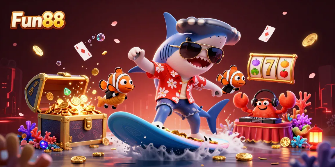 Join Fun88 amidst colorful casino elements with a shark, clownfish, and crab in a vibrant underwater scene.