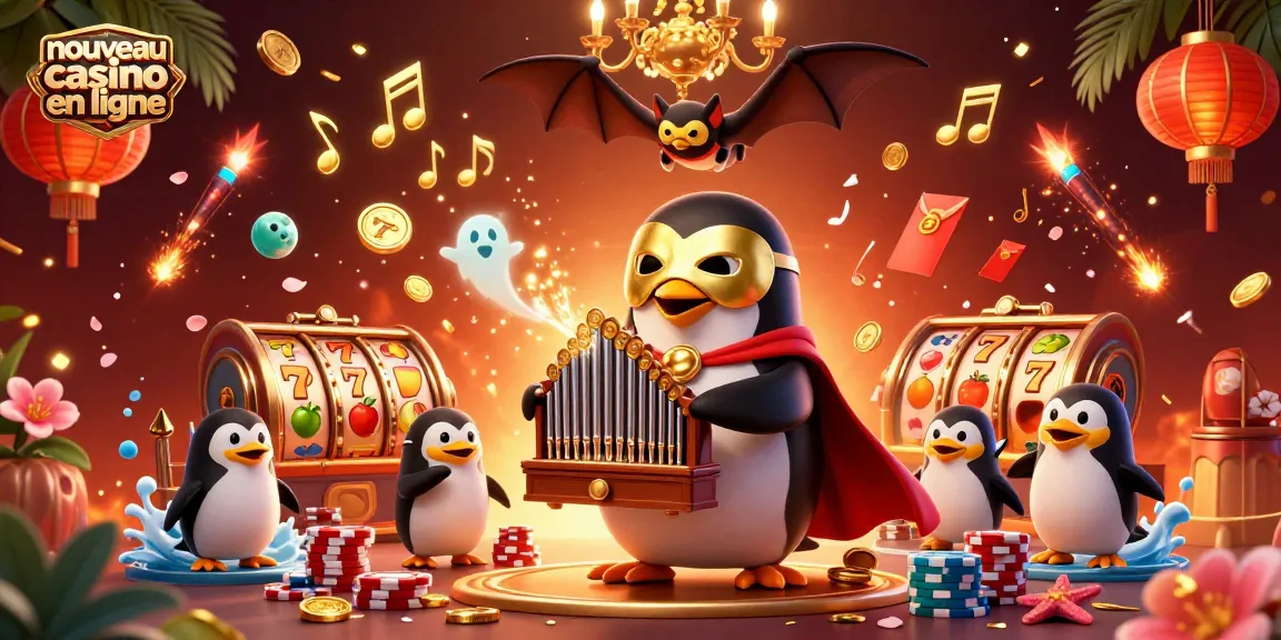 Découvrez un nouveau casino en ligne avec un pingouin en masque doré jouant d'un orgue magique.