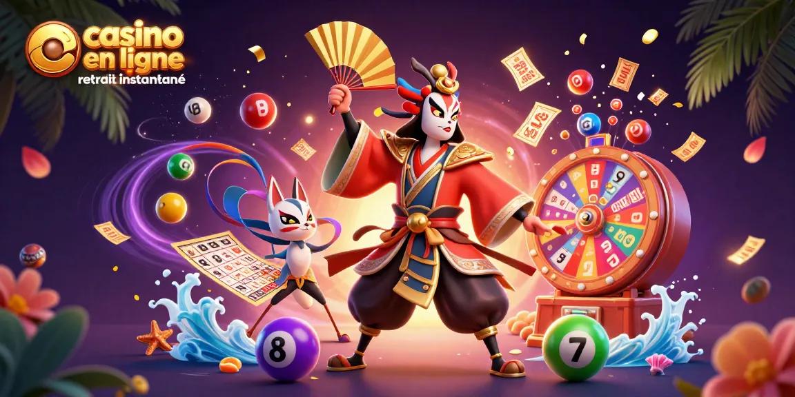 Jouer sur un casino en ligne avec retrait instantané, illustré par un guerrier kabuki et des éléments de loterie.