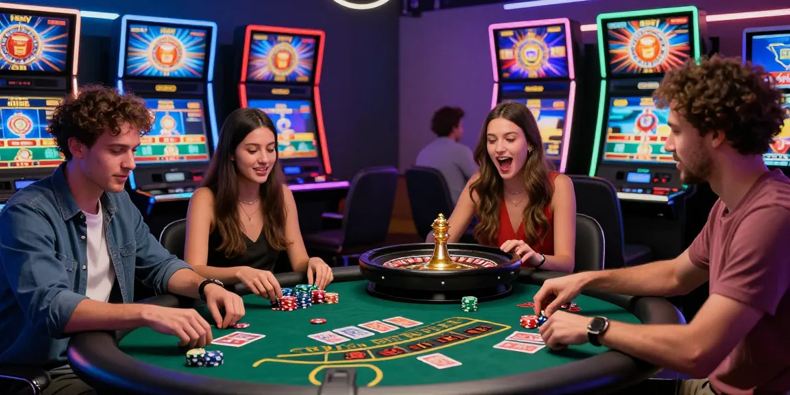 Jeux de casino en ligne avec des amis autour d'une table de jeu, ambiance vibrante et moderne.