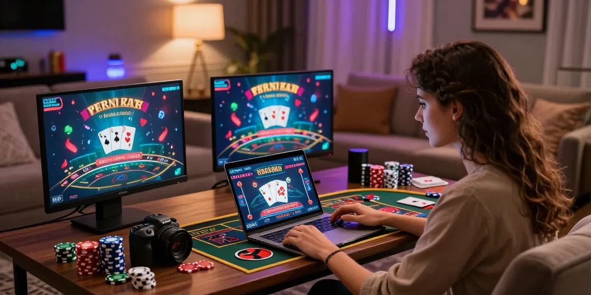 Expérience de casino en ligne immersive avec un couple jouant à distance, décor lumineux.