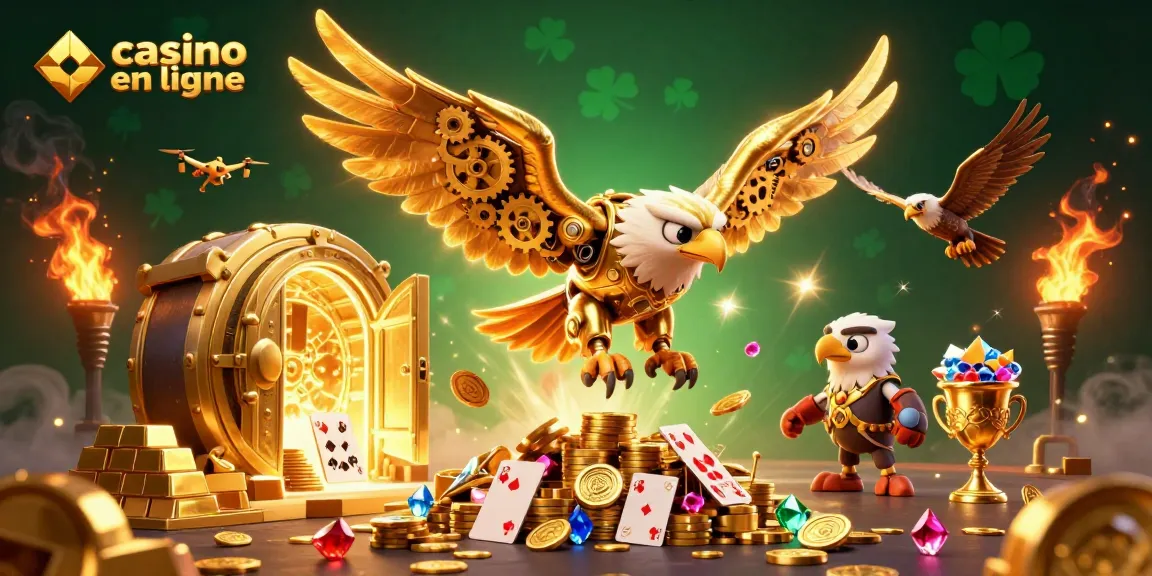 Des plongeons audacieux de casino en ligne avec un aigle cybernétique et des éléments de jeu scintillants.