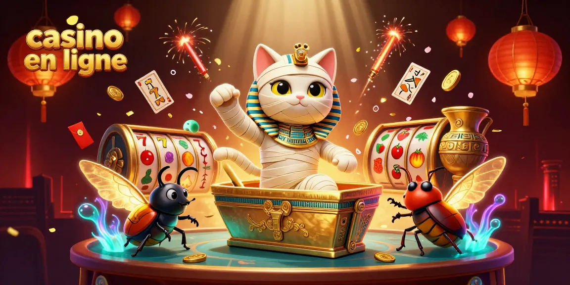 Illustration dynamique de casino en ligne mettant en vedette un chat momie égyptien et un scarabée, entourés de machines à sous et d'éléments de jeu.