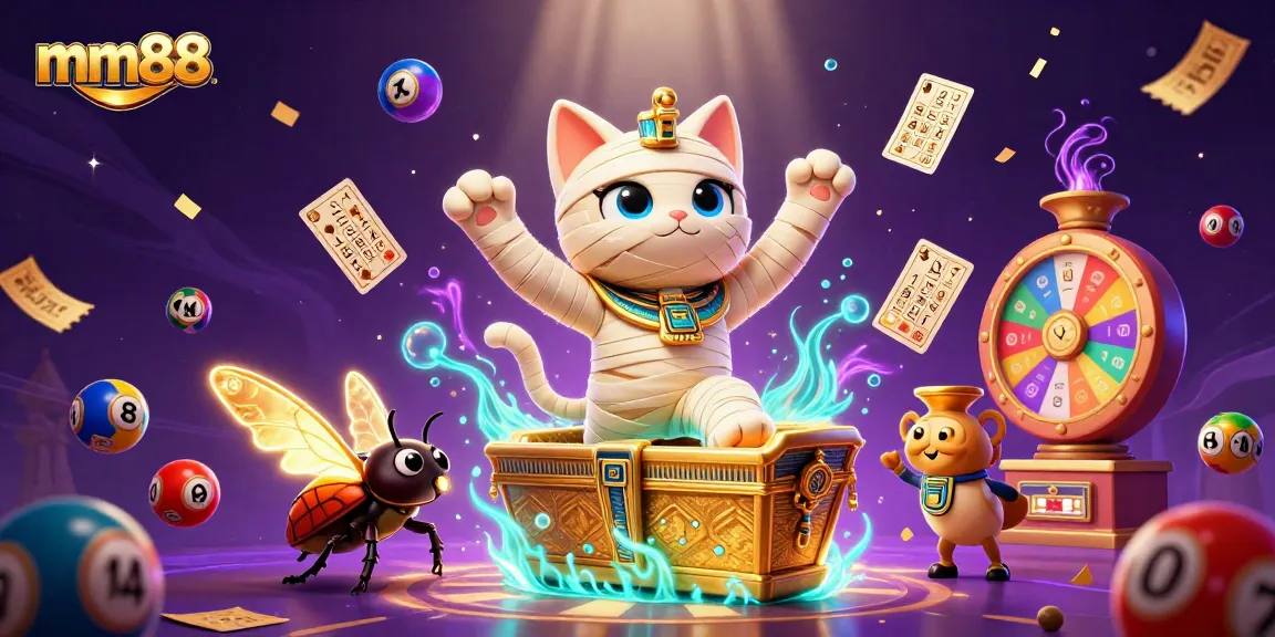 Experience the MM88 excitement with a vibrant 3D mummy cat casino scene bursting with game elements.