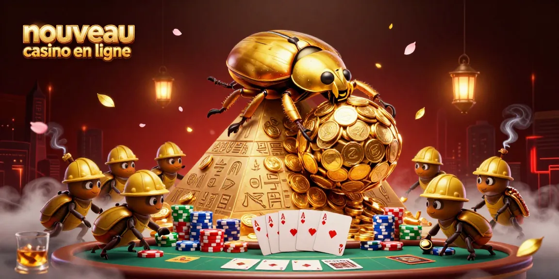 Image d'illustration pour un nouveau casino en ligne mettant en scène des scarabées dorés et des éléments de poker.