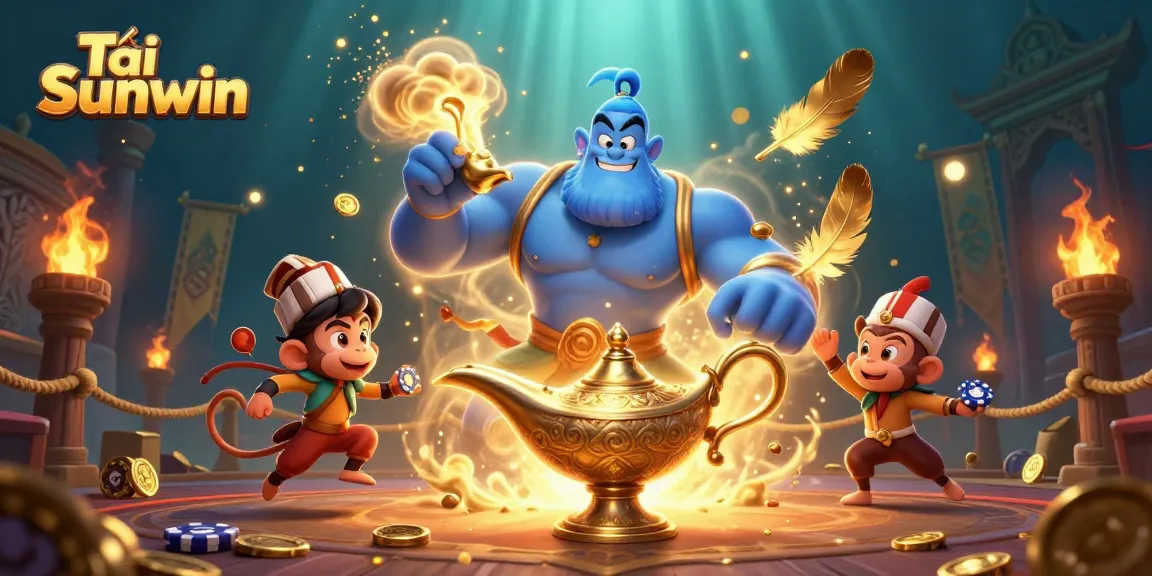Tải Sunwin and experience thrilling casino adventures with a 3D genie and poker chips.
