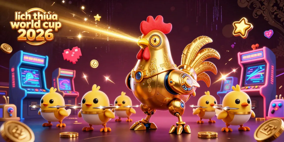 Lịch thi đấu World Cup 2026 showcases a dynamic 3D scene featuring a golden rooster robot and engaging game elements.