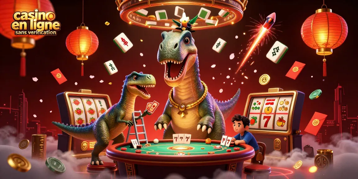 Illustration dynamique de casino en ligne sans vérification avec un brontosaurus et raptor, éblouissant au milieu des éléments de jeu