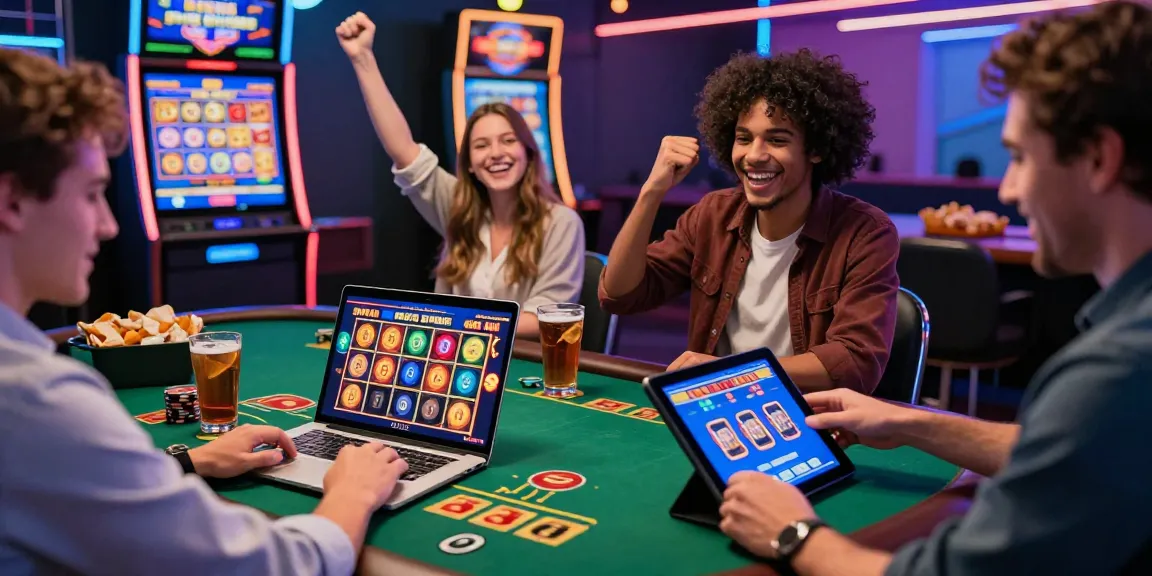 Scène de casino en ligne avec des joueurs s'amusant sur différents jeux de casino en ligne, créant une ambiance festive.