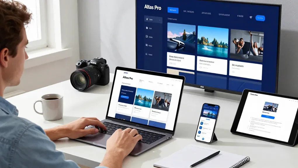 Installation de l'application atlas pro ontv sur un ordinateur avec des appareils connectés, créant un environnement de divertissement.