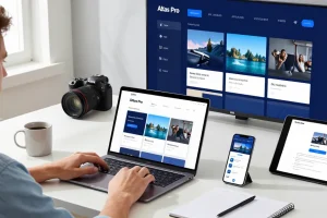 Installation de l'application atlas pro ontv sur un ordinateur avec des appareils connectés, créant un environnement de divertissement.