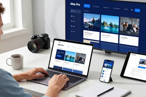 Installation de l'application atlas pro ontv sur un ordinateur avec des appareils connectés, créant un environnement de divertissement.